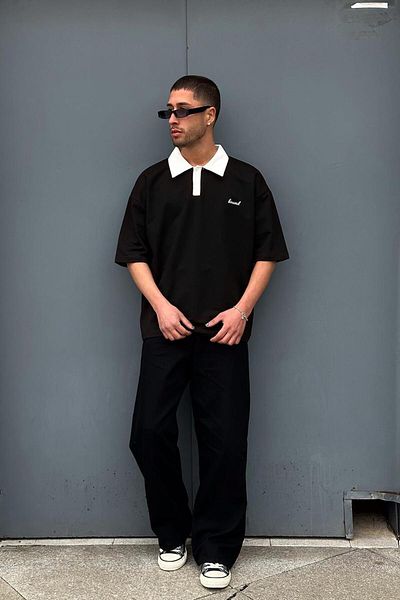 HAFKAGİYİM ΜΑΥΡΟ Δεμένο γιακά Polo OUTPLENTY PREMIUM Oversize T-Shirt