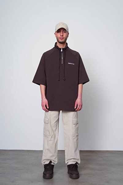 HAFKAGİYİM Μπλουζάκι EE Oversize Polo Neck με φερμουάρ σε καφέ χρώμα