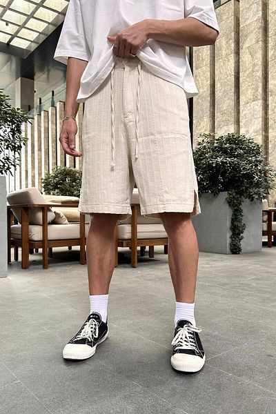 HAFKAGİYİM Λεπτομερές λινό σορτς GO Relaxed Fit 10 με υφή Cream Line