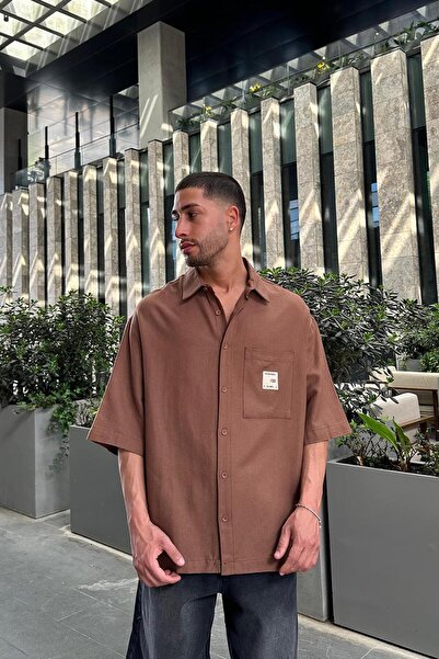 HAFKAGİYİM Καφέ λινό πουκάμισο με κέντημα στην μπροστινή τσέπη S8 BS Oversize πουκάμισο