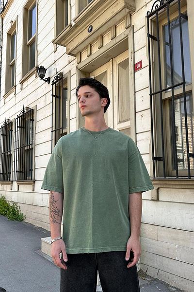 HAFKAGİYİM GREEN Acid Wash Basic 1Z EE Oversize T-Shirt