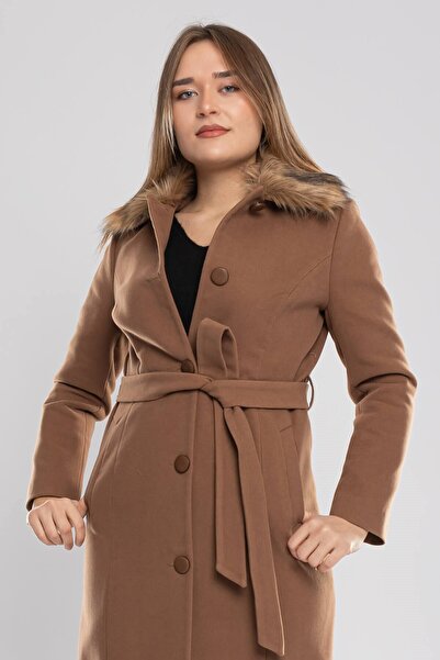 Olcay 3741 Büyük Beden P.m Bebe Yaka Kürklü Düğmeli Kadın Kaban