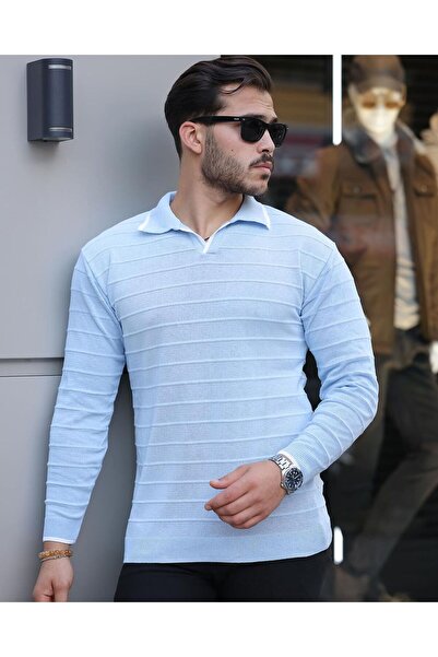 Genel Markalar Hemşire Yaka Şeritli Triko Kazak Bebe Mavi