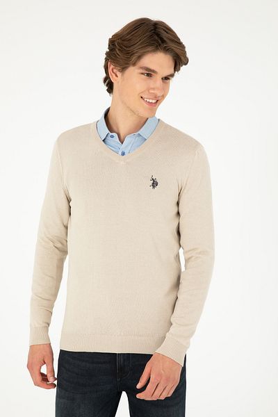 U.S. Polo Assn. V-Neck Stone Melange Slim Fit Men's Sweater - 50293512 -Vr225