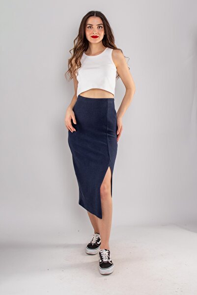 Vitrin 2710 Yanı Yırtmaçlı Süet Kumaş Midiboy Kadın Çan Etek