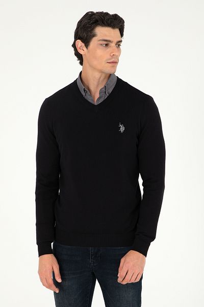 U.S. Polo Assn. Мъжки тънък черен пуловер с V-образно деколте 50293512 -Vr046
