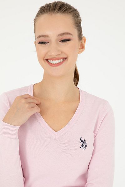 U.S. Polo Assn. سترة نسائية أساسية باللون الوردي برقبة على شكل حرف V 50293542 -VR041