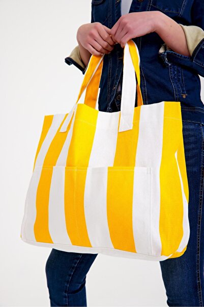 Epilons حقيبة كتف نسائية من القماش بجيبين، حقيبة كتف ملونة للشاطئ باللون الأصفر