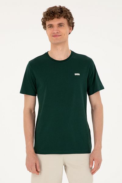 U.S. Polo Assn. تي شيرت رجالي ذو قصة عادية وياقة دائرية باللون الأخضر الداكن 50294290 -vr079