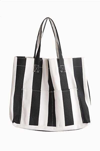 Epilons حقيبة كتف نسائية من القماش بجيبين، حقيبة كتف ملونة للشاطئ باللون الأسود