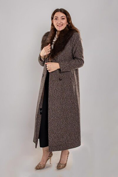 Olcay 3937 Büyük Beden Oscar Kırçıllı Kruvaze Yaka Kürklü Uzun Kaşe Pardesü
