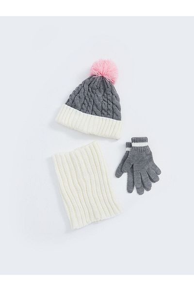 LC Waikiki Lcw Girl's Scarf Beanie and Gloves with Pompom Detail