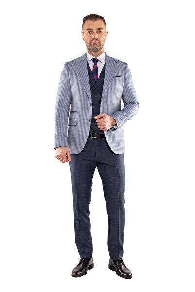 Jakamen Jk35sf02m005 Slimfit 6 Drop Çizgili Keten Yelekli Takım Elbise