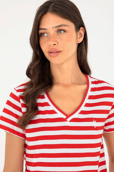 U.S. Polo Assn. Dámské červené pruhované tričko s výstřihem do V 50296151 -Vr030