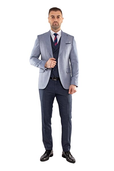 Jakamen Jk35sf02m005 Slimfit 6 Drop Çizgili Keten Yelekli Takım Elbise