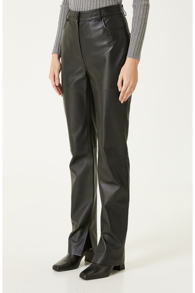 Network Μαύρο δερμάτινο παντελόνι με σκίσιμο πόδι