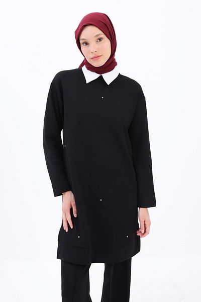 ALLDAY Black Stoned Geometric Grass Detailed Tunic