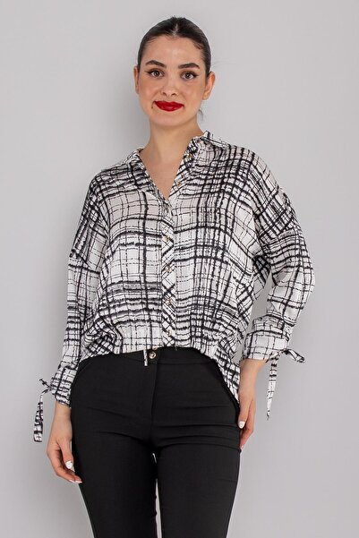 AYHAN 50791 Блуза з еластичним поясом і шнурівкою, з смужками, з атласу