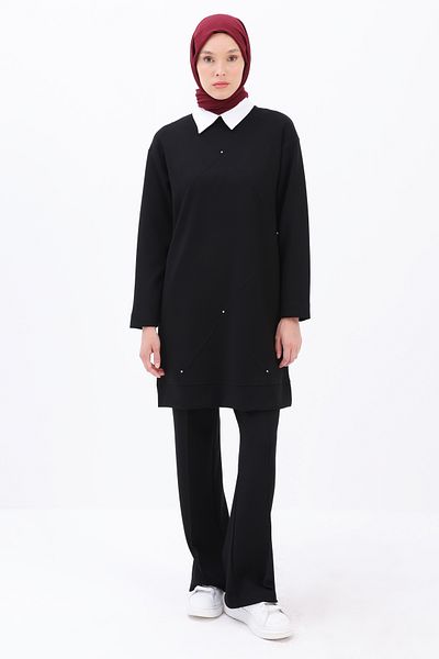 ALLDAY Black Stoned Geometric Grass Detailed Tunic