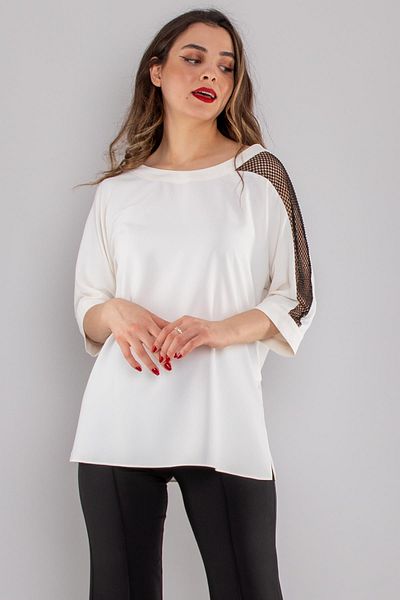 AYHAN 81831 One Shoulder Jewelled Mesh Detail Chiffon Blouse