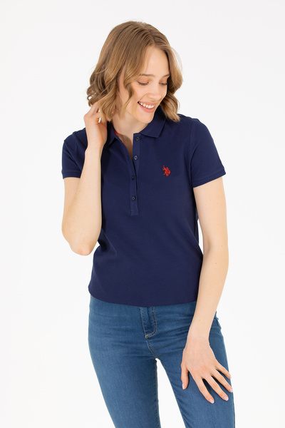 U.S. Polo Assn. Tricou de bază cu gât polo pentru femei, albastru bleumarin 5...
