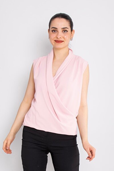 AYHAN 81856 Kruvaze Yaka Dökümlü Kolsuz Şifon Bluz