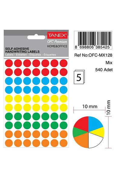 Tanex Αυτοκόλλητο γραφείου 10mm Ofc-128 Mix Color - 540 Τεμάχια