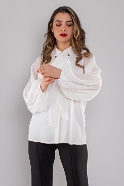 AYHAN 50730 Tül Akordion Kol Yaka Bağlamalı Şifon Bluz