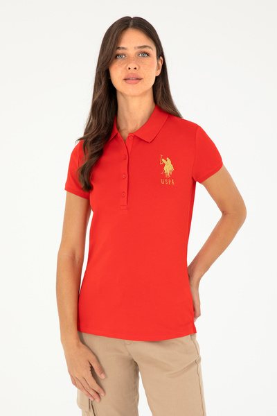 U.S. Polo Assn. تي شيرت نسائي ذو ياقة بولو أساسي باللون الأحمر 50280071-VR030