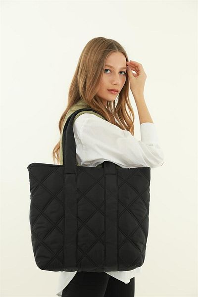 Madamra Schwarze Pufftasche für Damen mit Steppmuster