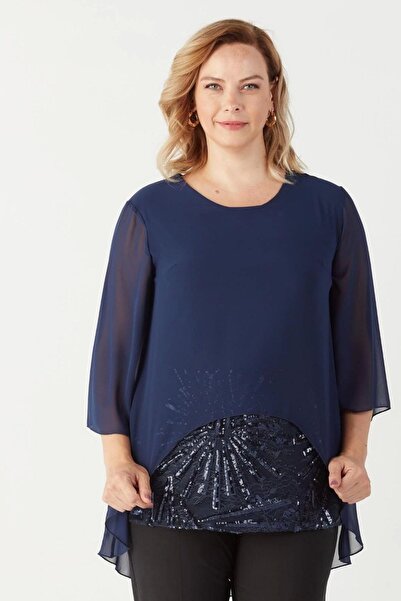 Moda Berray 4047 Lacivert Şifon-payet Dantel Kombinli Büyük Beden Bluz