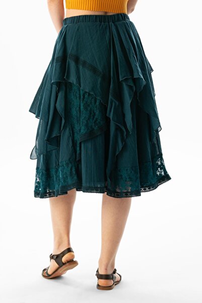 Eliş Şile Bezi Salkım Vual Dantelli Saçaklı Uzun Yazlık Otantik Etek Petrol Ptrl