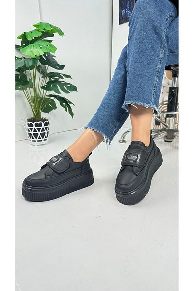 İmerShoes Pantofi negru - Pantofi confortabili cu talpă înaltă groasă cu velcro și detaliu de piatră 1111