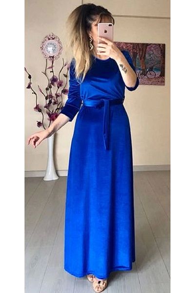 AZRA BUTİK Φόρεμα Saks Blue Velvet - Crew Neck