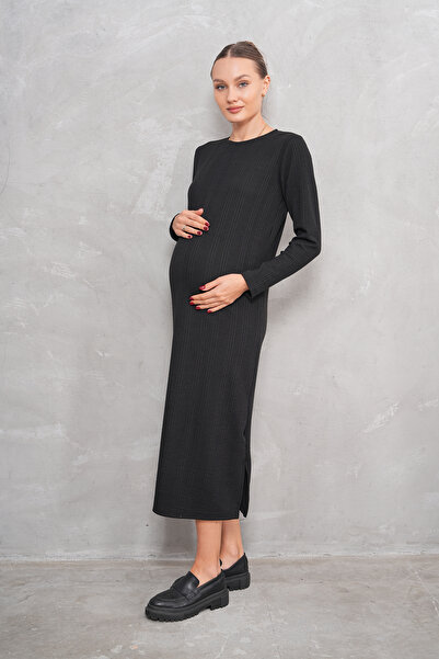 Miss Dünya Lissa Black Maternity and Maternity Long Sleeve Hair Braid Patterned Dress