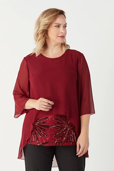 Moda Berray 4047 Bordo Şifon -payet Dantel Kombinli Büyük Beden Bluz