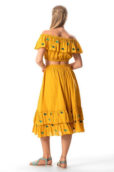 Eliş Şile Bezi Lavinya Vual Lastik Detaylı Nakışlı Yazlık Crop Bluz Hardal Hrd