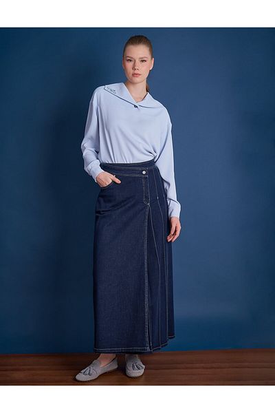 Kayra Fustă Denim plisată cu nasturi încrucișate Albastru bleumarin
