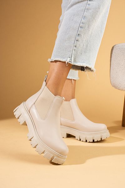 Pembe Potin Women's Beige Thick Sole Elastic Comfortable Fit Chelsea Boots
