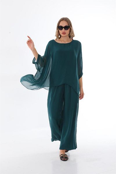 Bohem Stil Set bluză și pantaloni din mătase cu mâneci liliac căptușite italian