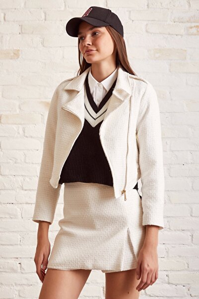 TRENDQUEL Jachetă scurtă tricotată albă - căptușită