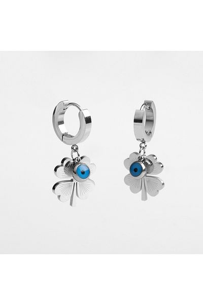 FOURSOLOS Silver Color Steel Women's Earrings - Evil Eye Bead Detail, Clover Model No:38