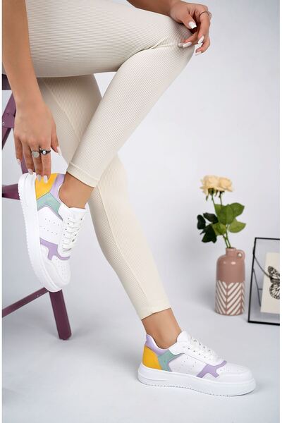 NESKA Alçak Taban Mekval Dikişli Lila Garnili Beyaz Spor Ayakkabı