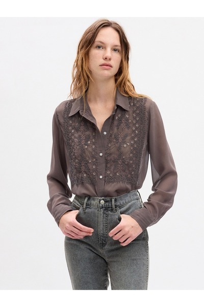 GAP Kadın Kahverengi Boncuk İşlemeli Boyfriend Gömlek