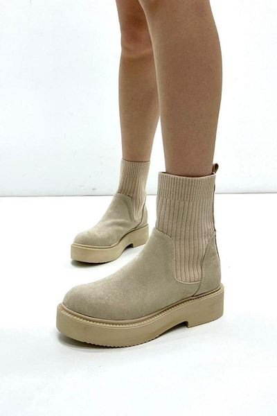inizio Μπεζ Suede Konç Knitwear Flat Boots P266