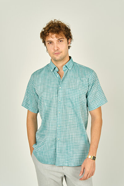 MUGİ Mugi Men's Patterned Single Pocket Short Sleeve 100% Cotton Shirt 3024 G...