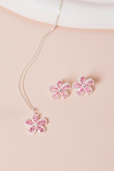 Elika Silver 925 Ayar Gümüş Kamelya Çiçeği Model Kolye ve Küpe Takım