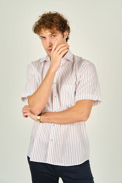 MUGİ Mugi Men's Red Striped Cotton Shirt - Single Pocket, Short Sleeve 2001 Model