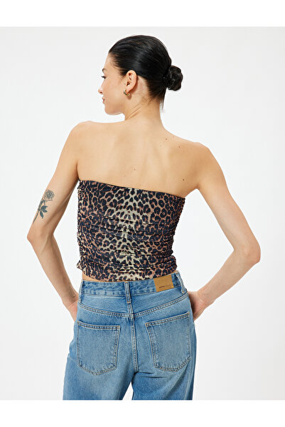 Koton Tulle Draped Leopard Print Crop Top