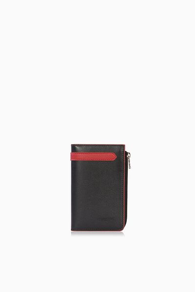 CENGİZ PAKEL Cengiz Pakel Unisex Genuine Leather Zippered Card Holder - 2512Ds - Black/Red